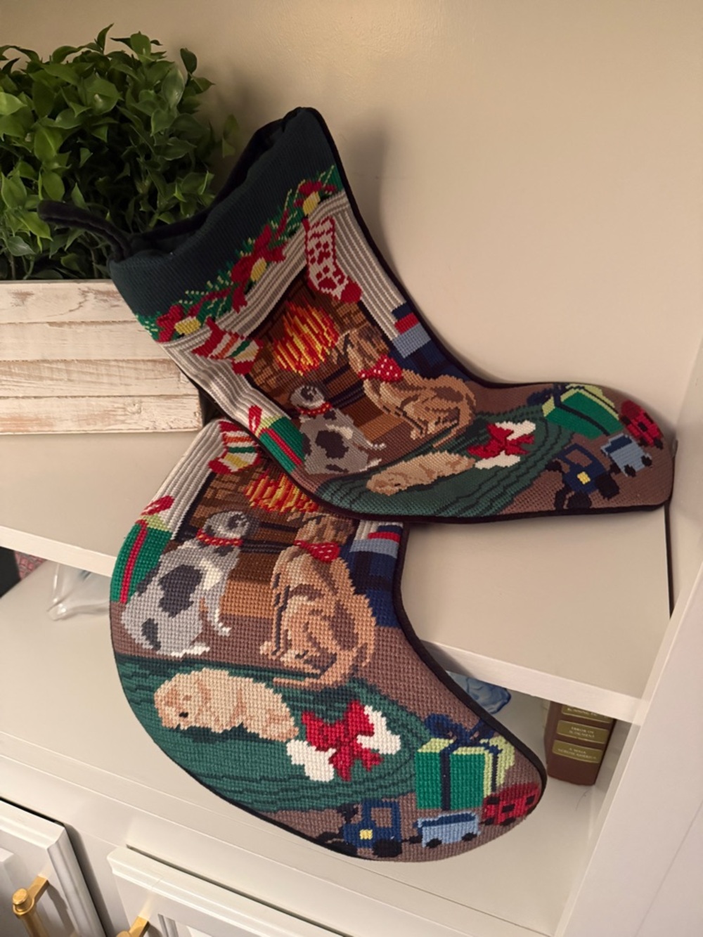 LANDS END Needlepoint Fireplace /Dogs Christmas Stocking - Set of TWO